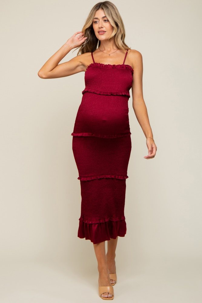 burgundy satin smocked fitted maternity midi dress