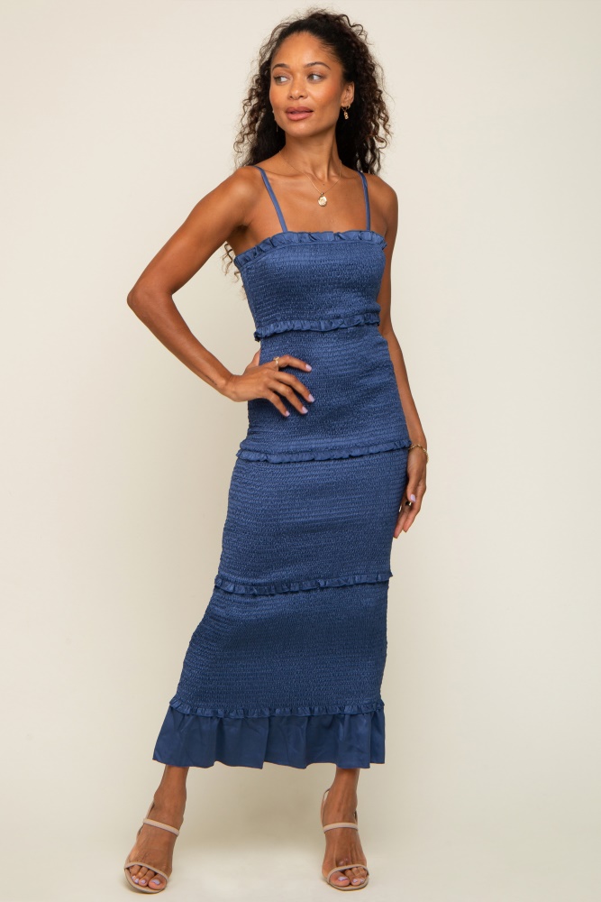 blue satin smocked fitted maxi dress