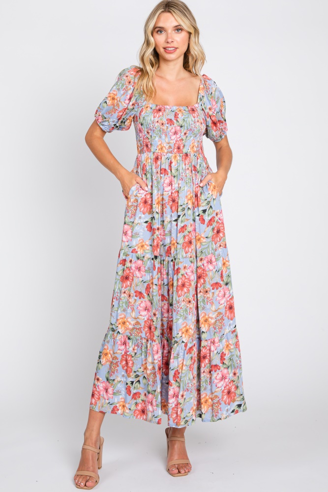 blue floral smocked square neck tiered maxi dress