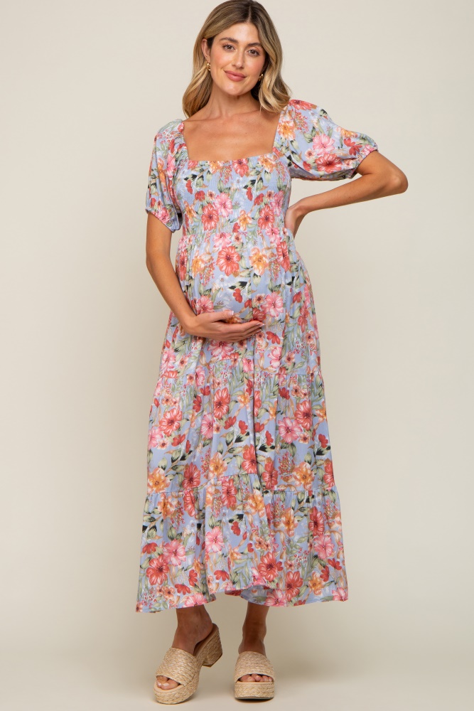 blue floral smocked square neck tiered maternity maxi dress