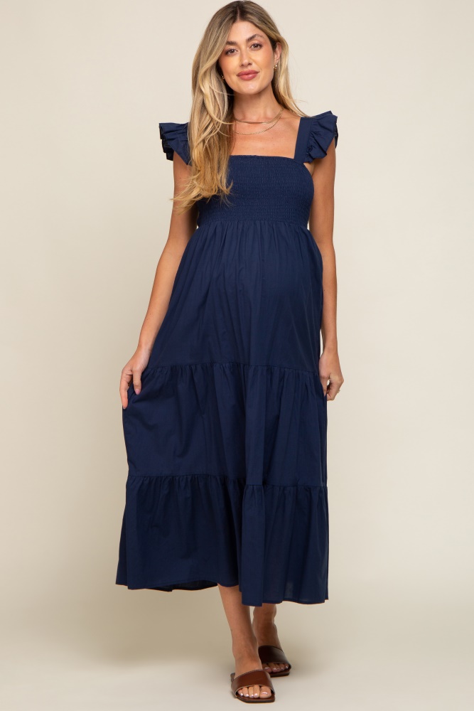 navy blue sleeveless tiered maternity maxi dress