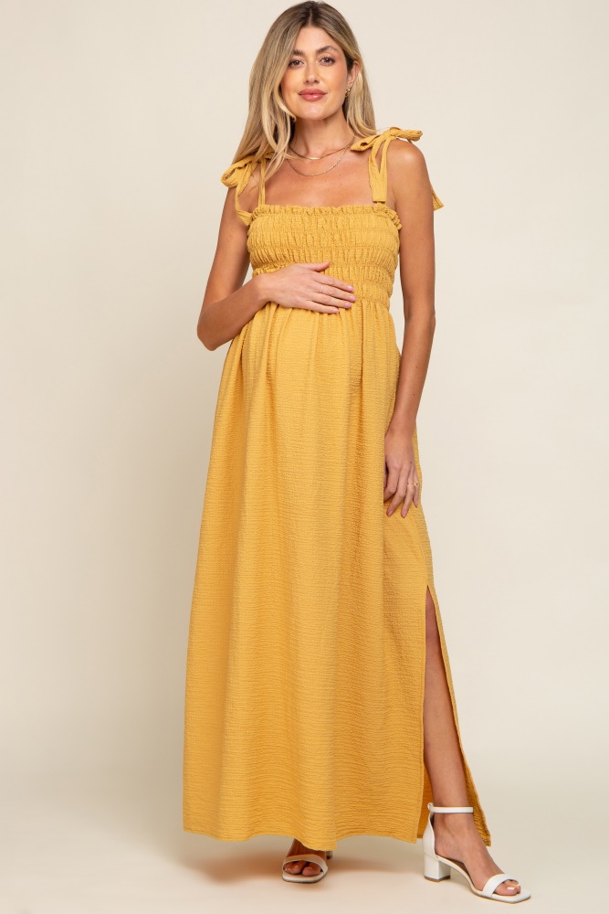 yellow textured smocked shoulder tie maternity maxi dress