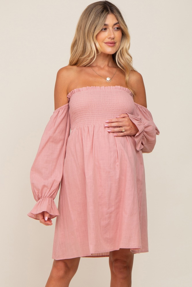 pink smocked off shoulder long sleeve maternity dress