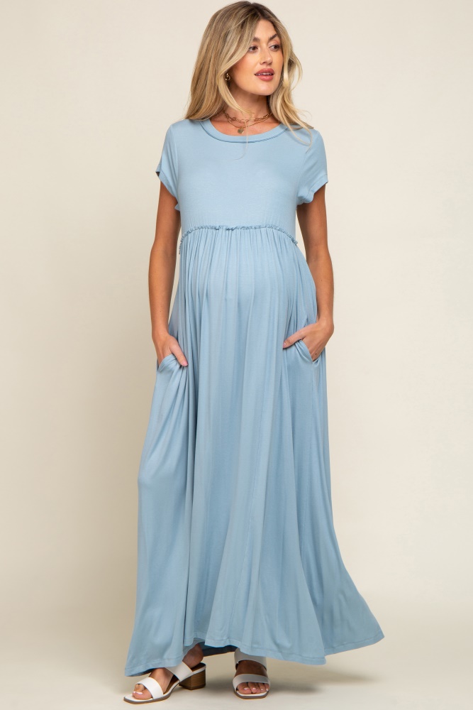 light blue short sleeve pocketed maternity maxi dress