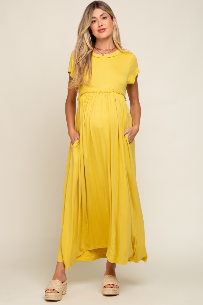 yellow short sleeve pocketed maternity maxi dress