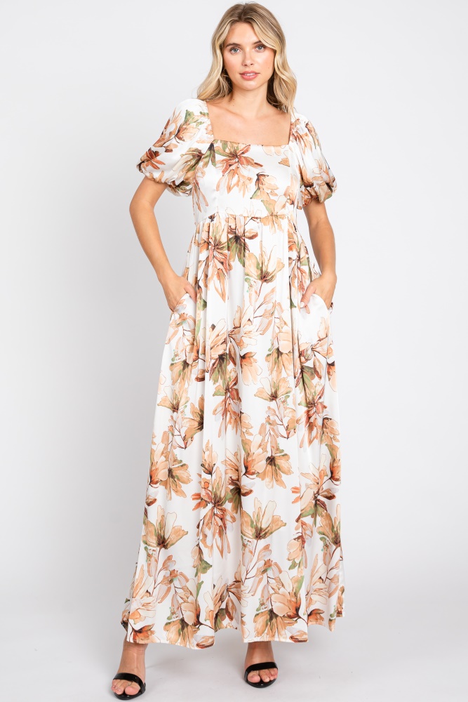 cream floral satin puff sleeve maxi dress