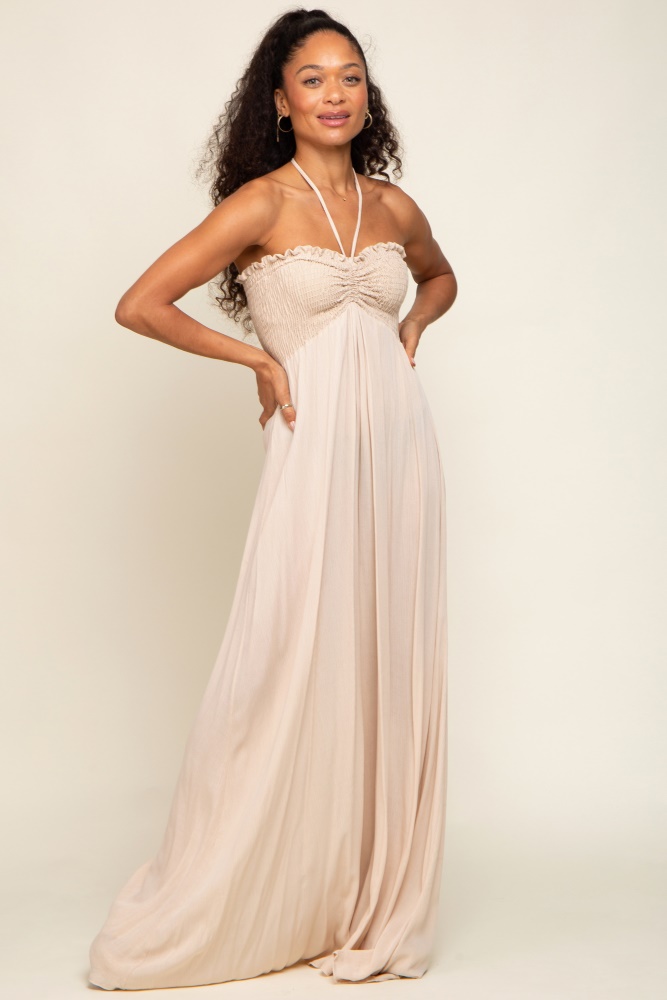 beige smocked halter maxi dress