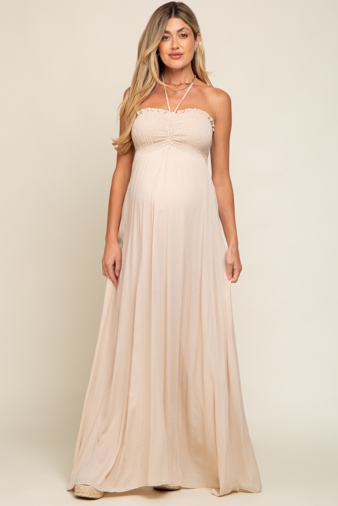 beige smocked halter maternity maxi dress