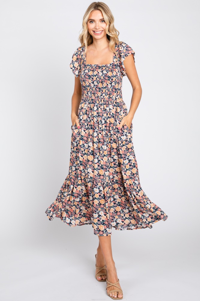 black floral off shoulder smocked midi dress