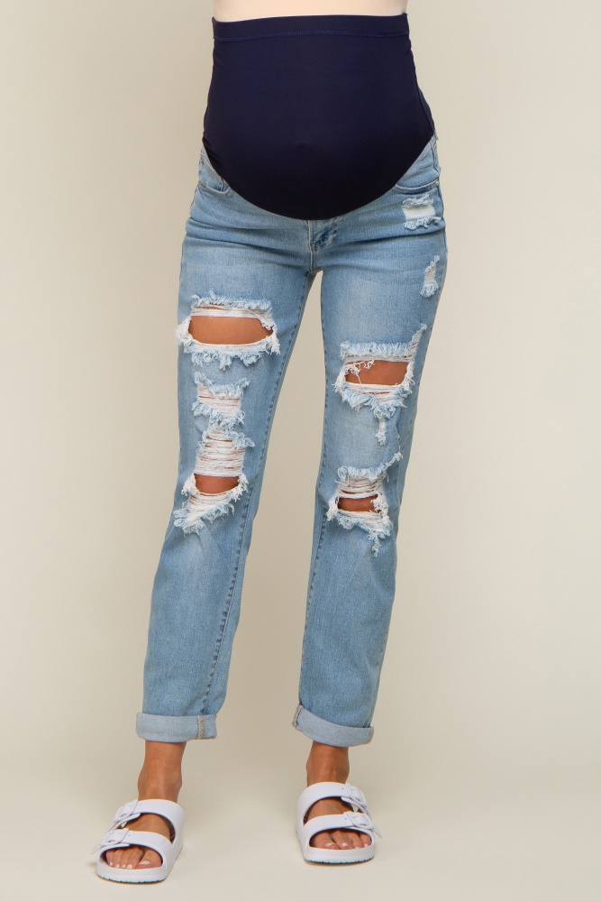 Blue Distressed Exposed Knee Maternity Flare Jeans– PinkBlush