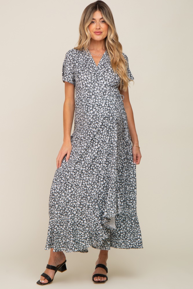 black floral short sleeve maternity wrap maxi dress