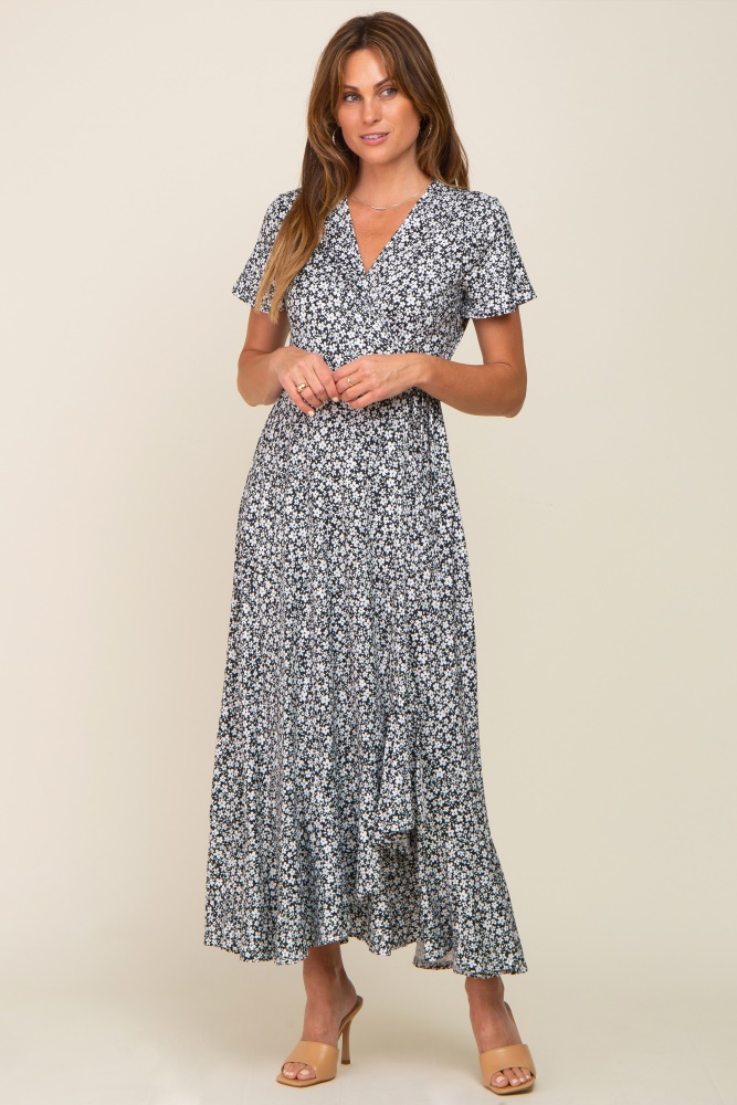 black floral short sleeve wrap maxi dress