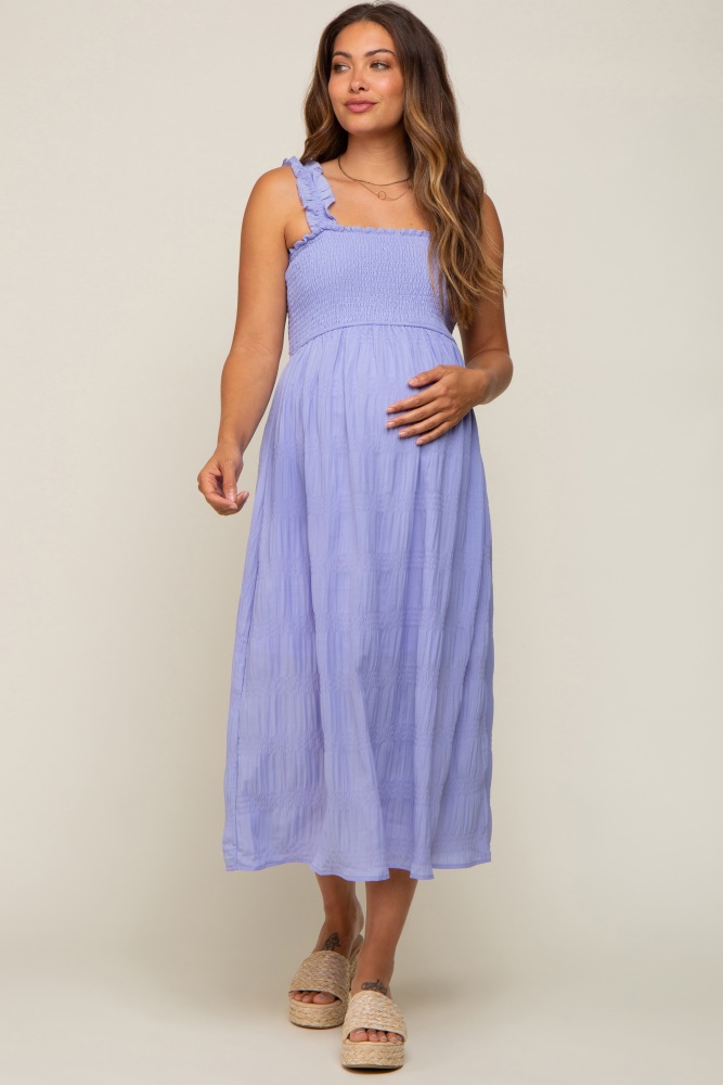 lavender smocked square neck maternity midi dress