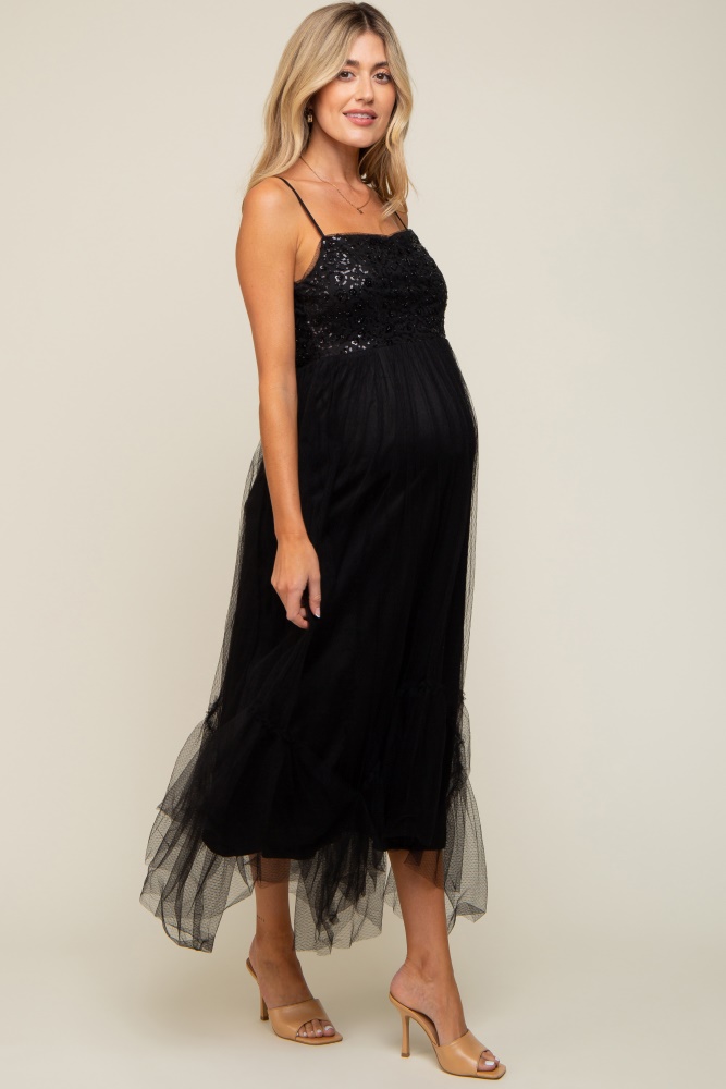 black sequin top tulle maternity midi dress