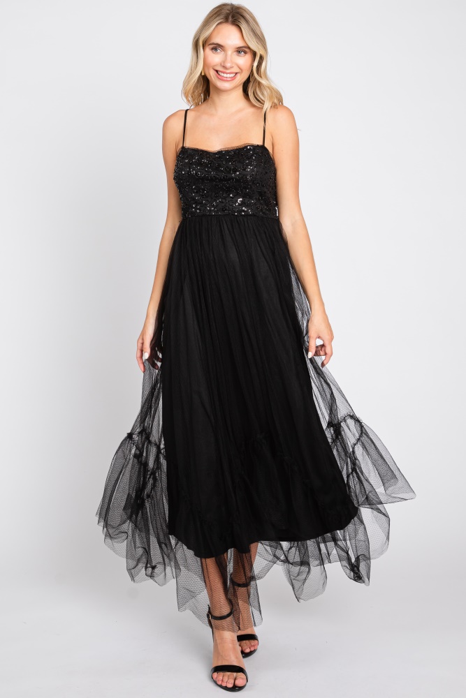 black sequin top tulle midi dress