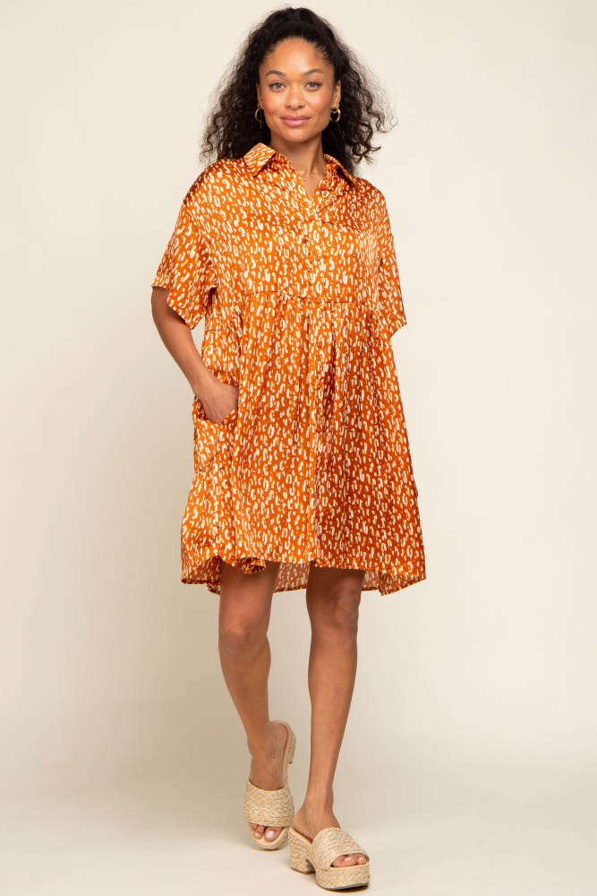 rust printed satin collared dress