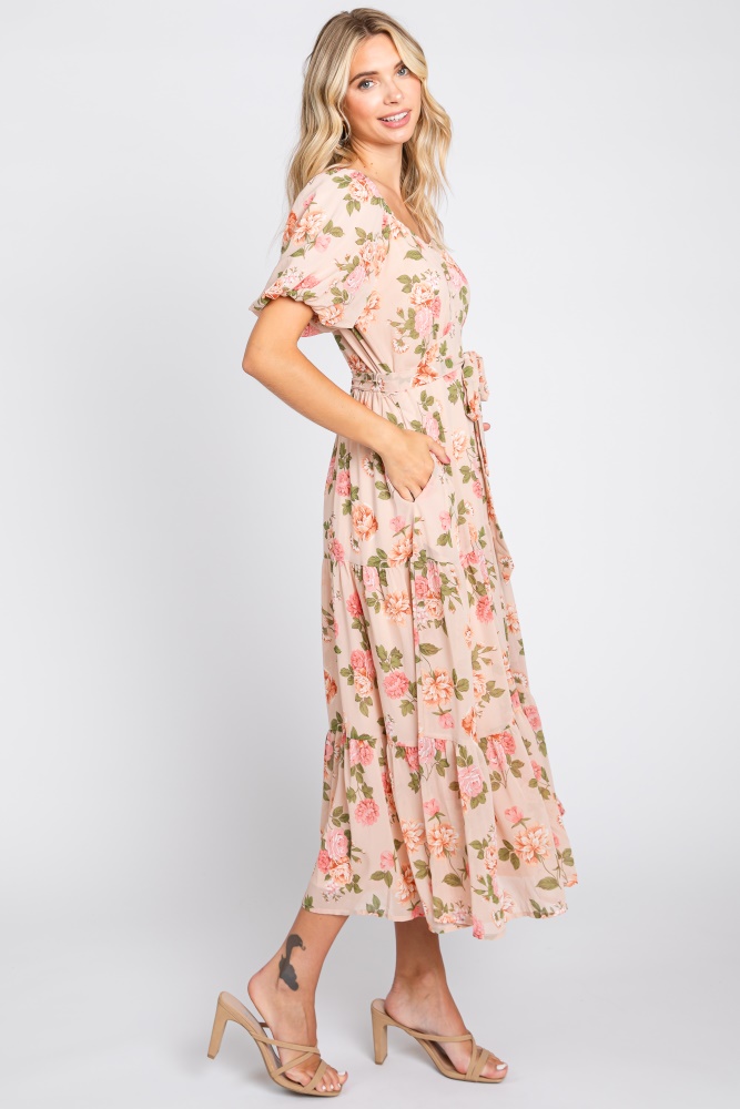 knee length dresses for ladies Tiered Puff Sleeve Midi Dress with Floral Design – Krush Kandy
