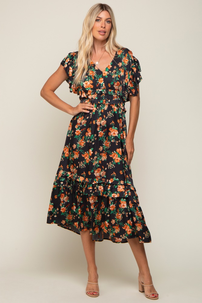 black floral satin ruffle midi dress