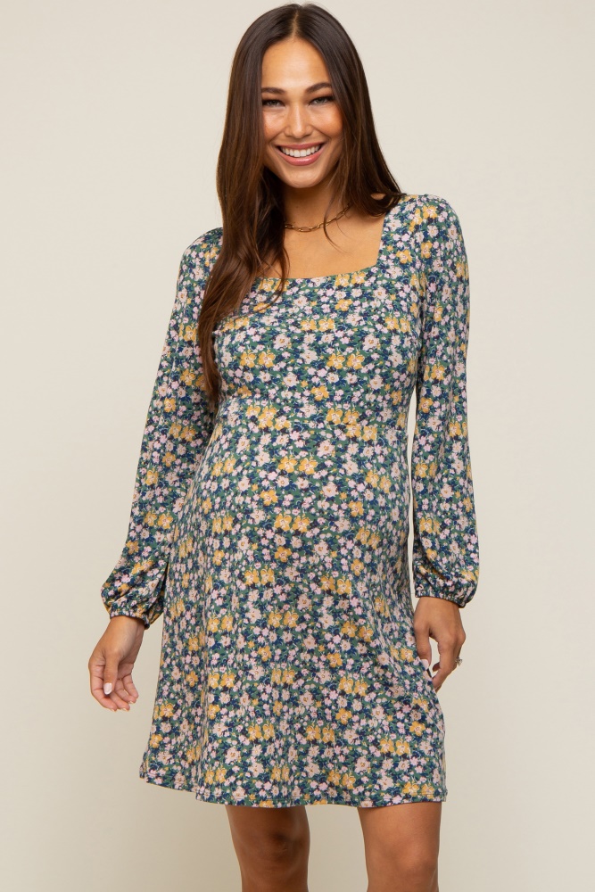 green floral long sleeve maternity dress