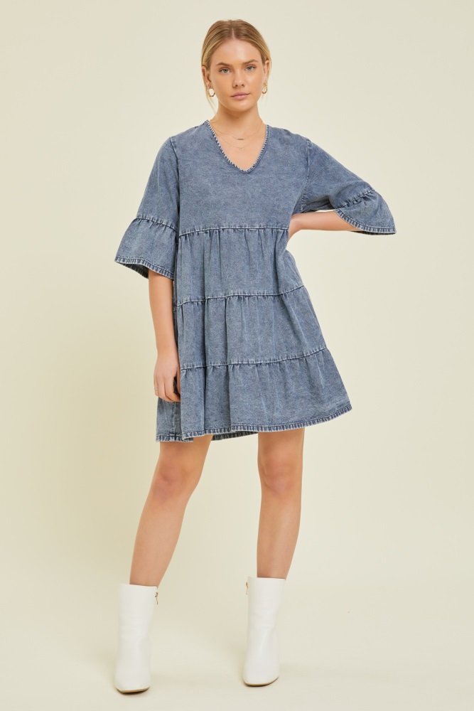 blue vintage wash tiered dress