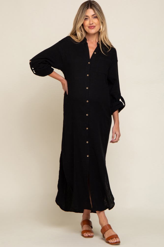 black button down 3/4 sleeve maternity midi dress