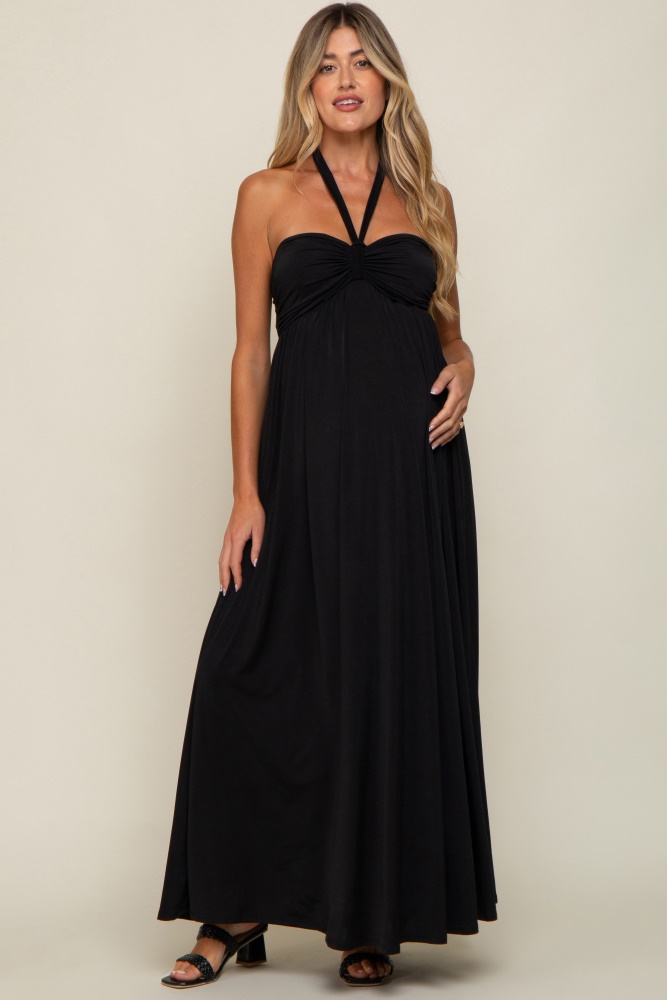 black front knot halter maternity maxi dress