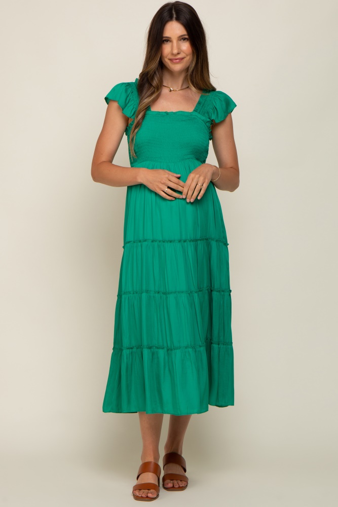 green satin square ruffle neck smocked sleeveless maternity midi dress