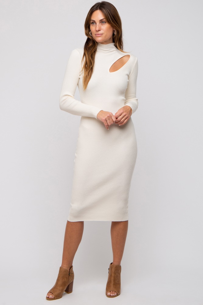 cream cutout fitted knit dress