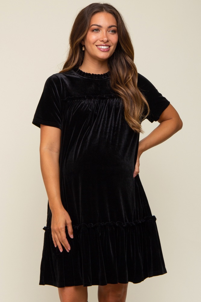 black ruffle accent velvet maternity dress