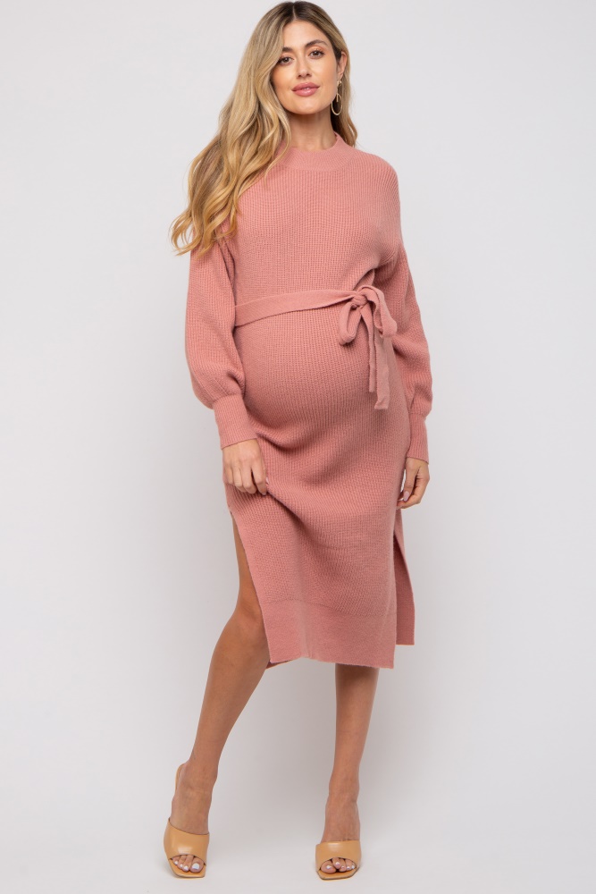 mauve side slit maternity sweater midi dress