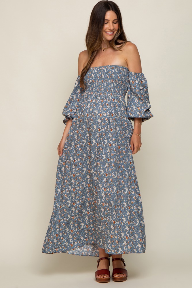 blue floral square neck smocked long sleeve maternity maxi dress