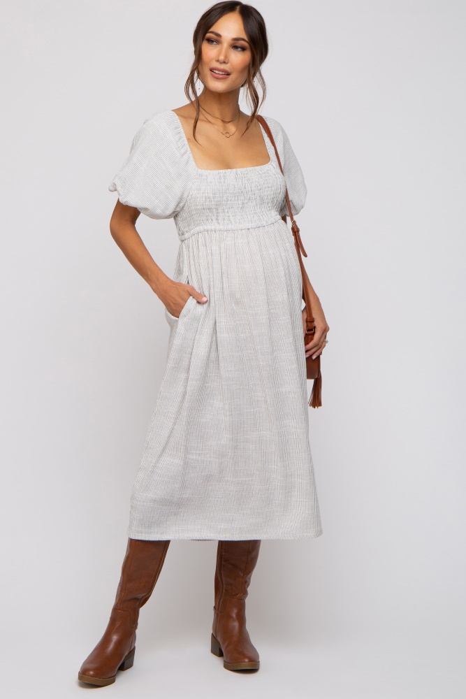 ivory striped linen smocked short puff sleeve maternity midi dress
