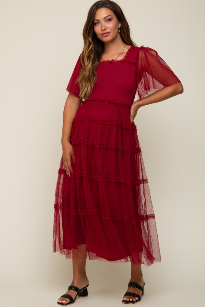 burgundy ruffled mesh maternity maxi dress