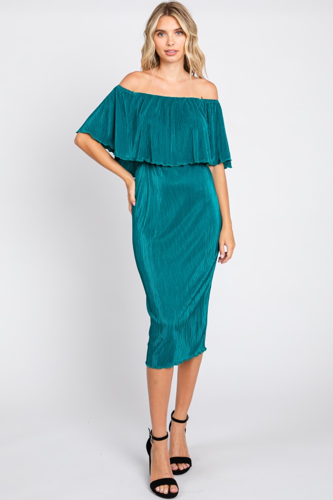 forest green pleated rib off shoulder dress