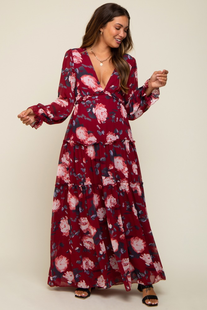 burgundy floral chiffon v-neck lettuce edge tiered maternity maxi dress