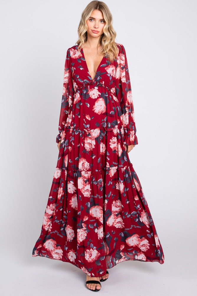 burgundy floral chiffon v-neck lettuce edge tiered maxi dress