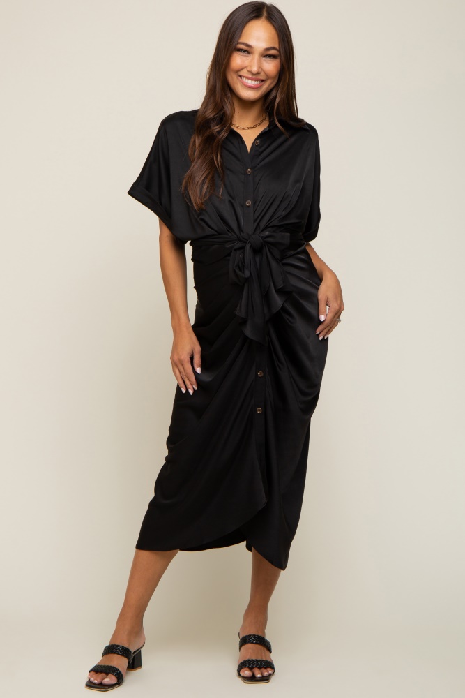 black satin button down gathered maternity midi dress