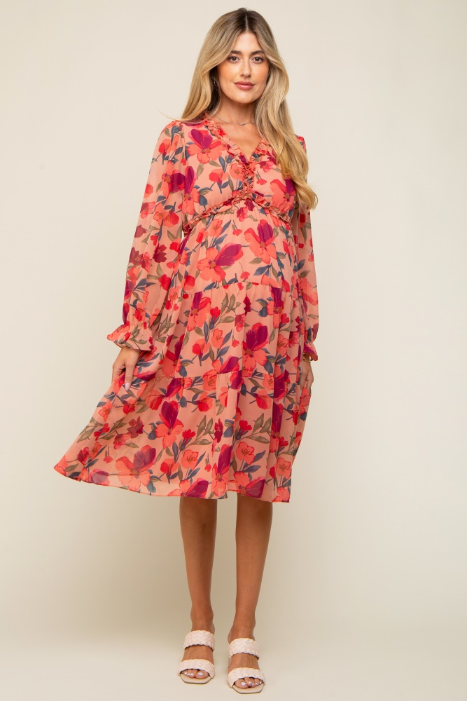 mauve floral ruffle v-neck maternity dress