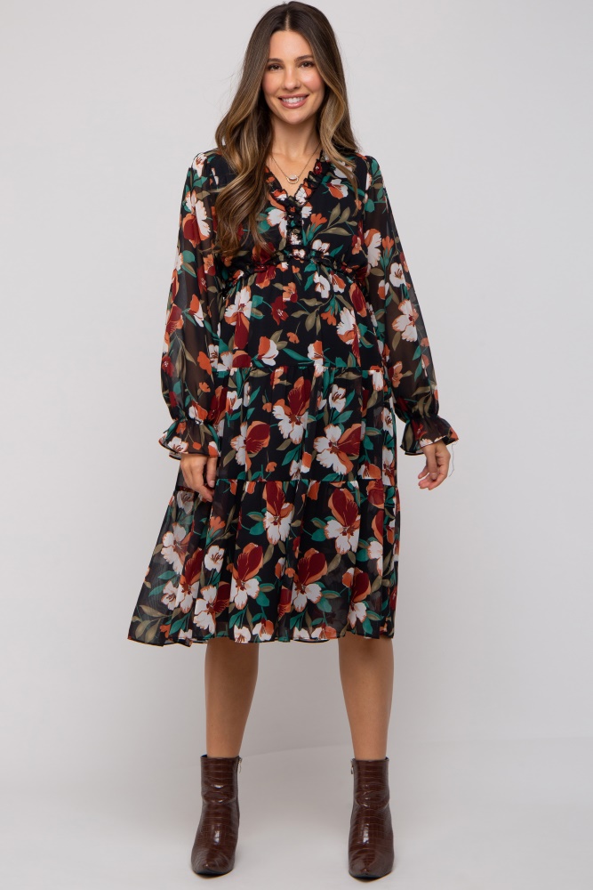 black floral ruffle v-neck maternity dress