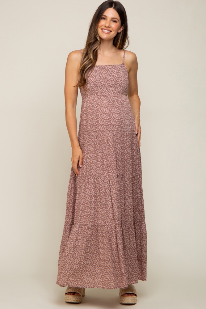 mauve ditsy floral tiered maternity maxi dress