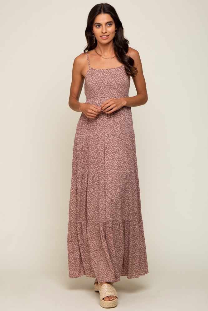 mauve ditsy floral tiered maxi dress