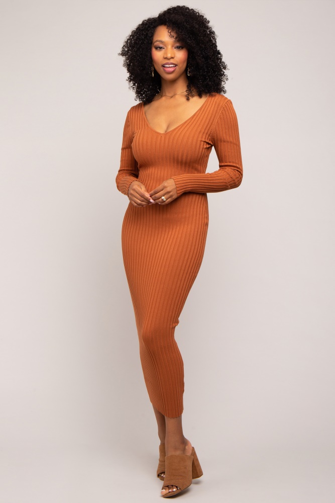 camel v-neck long sleeve fitted maxi dress