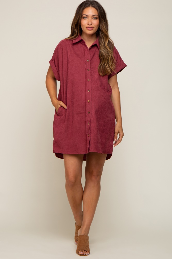 burgundy ribbed button down maternity mini dress