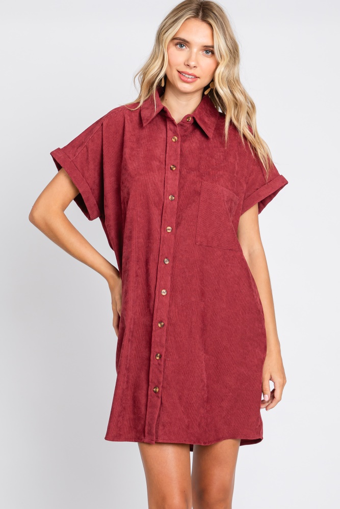 burgundy ribbed button down mini dress