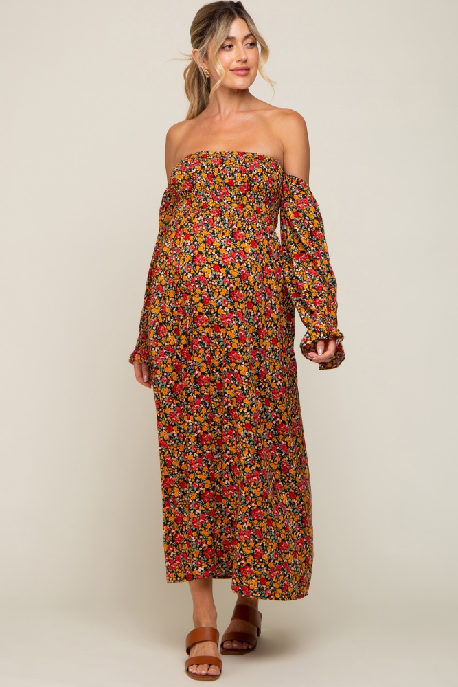 red floral long sleeve maternity maxi dress