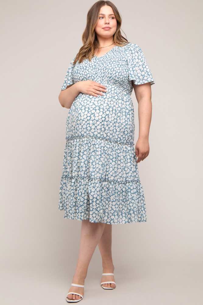 blue floral tiered maternity plus midi dress