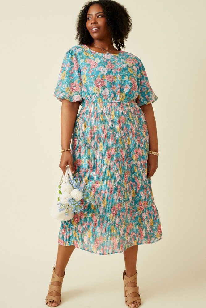 Teal Floral Pleated Plus Size Midi Dress