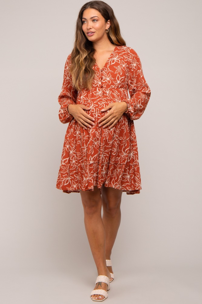 rust floral button front tiered maternity dress