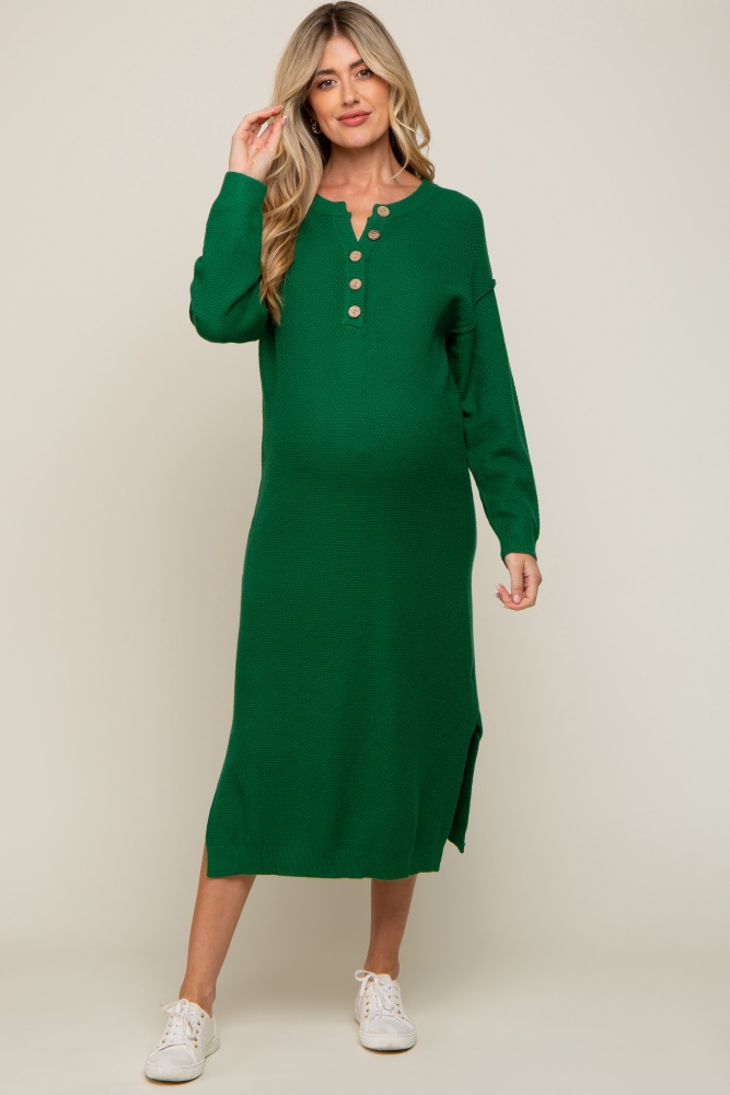 hunter green waffle knit button long sleeve maternity midi dress