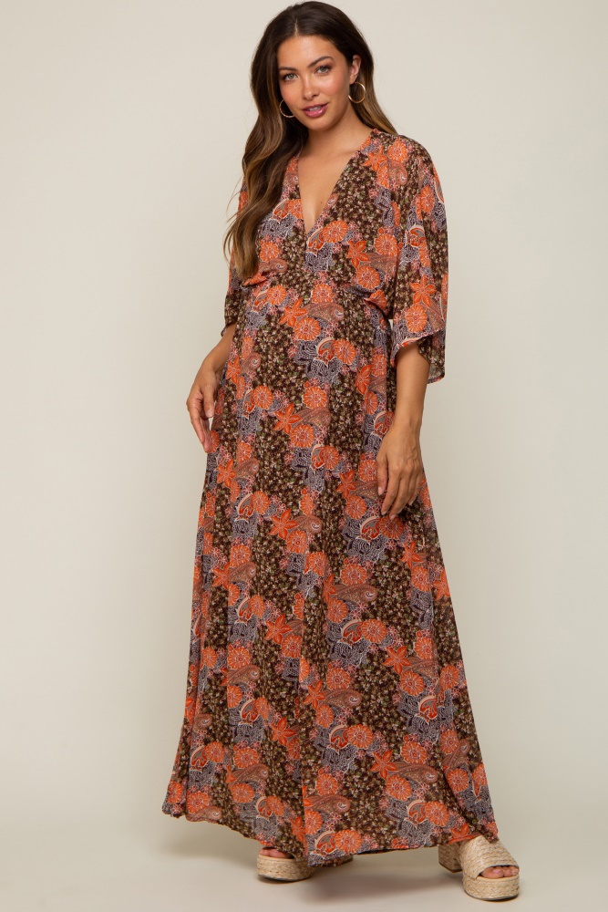 brown floral paisley chiffon maternity maxi dress